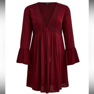 NWOT Torrid Plus Size 0 Red BURGUNDY GAUZE LACE-UP SKATER DRESS w/ Bell Sleeves